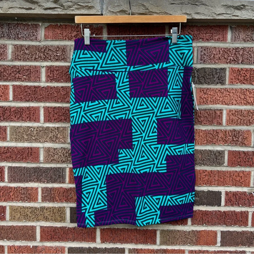 LuLaRoe Teal Blue and Purple Abstract Patterned High Rise Cassie Skirt